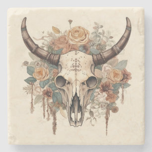 Western Boho Bull Skull-Blommigt Stenunderlägg
