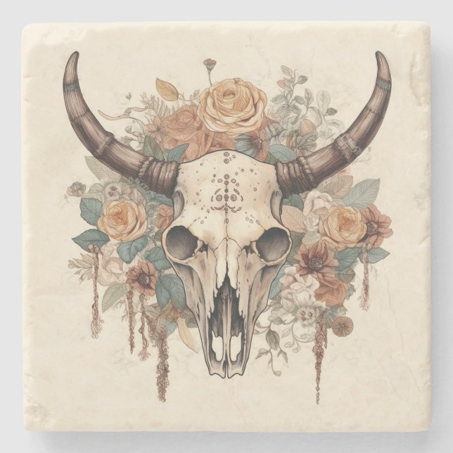 Western Boho Bull Skull-Blommigt Stenunderlägg (Framsidan)