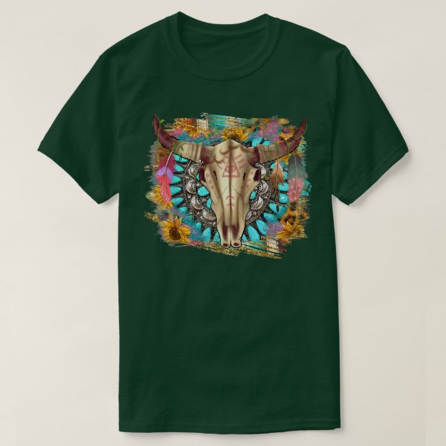 Western Boho Bull Skull med Gemstone Turcos Su T Shirt (Design framsida)