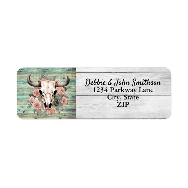 Western Boho Cow Blommigt Skull Sage Bröllop Returadress Etikett (Framsidan)