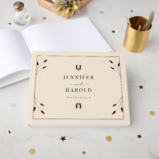 Western Boho Horseshoe Monogram Ranch Farm Bröllop Gästböcker (Framsida Öppen)