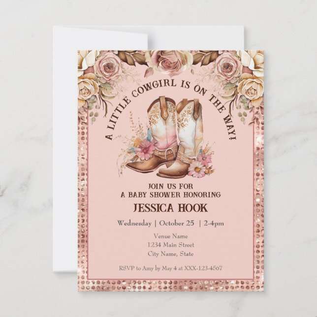 Western Boho Rosa Blommigt Cowgirl Baby Shower Inbjudningar (Framsida)