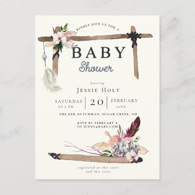 Western Boho Stil Baby Shower-inbjudan Vykort (Framsida)