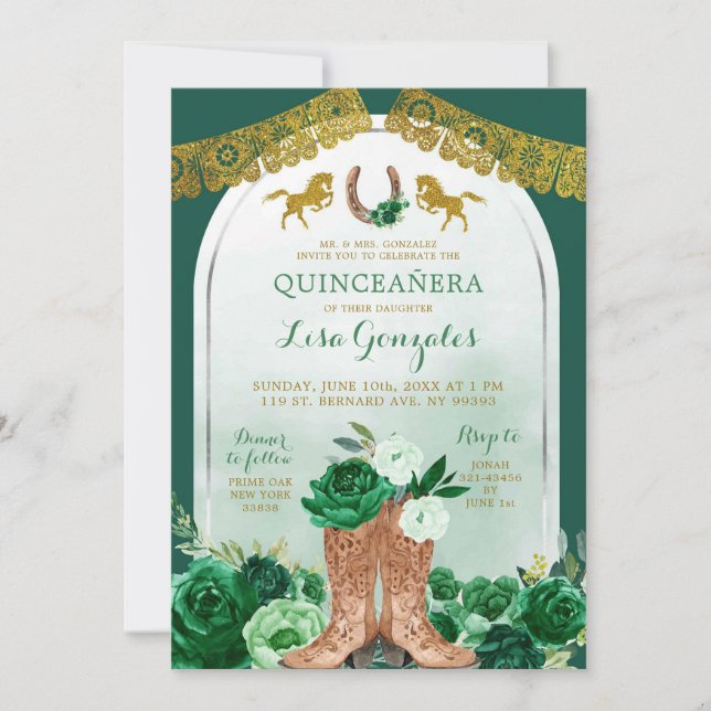 Western Boot Spain Emerald Grönt Quinceañera Inbjudningar (Framsida)