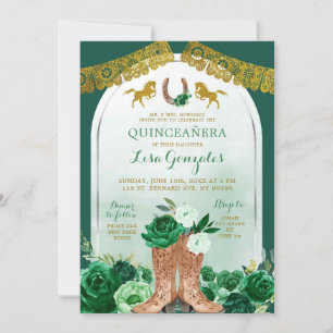 Western Boot Spain Emerald Grönt Quinceañera Inbjudningar