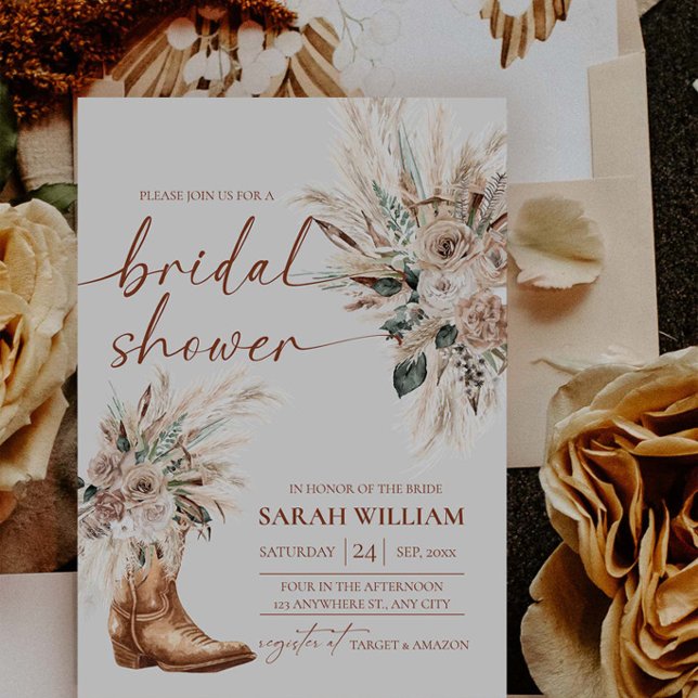 Western Boots Bröllopsdusch Inbjudningskort (Western Boots Bridal Shower Invitation | Rustic Boho Cowgirl Template)
