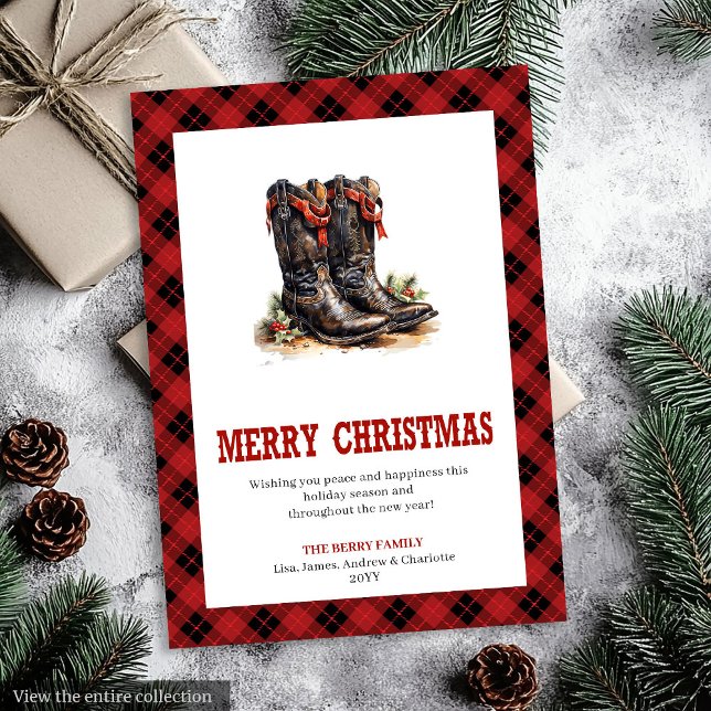 Western Boots Buffalo Plaid Tartan Christmas Card Julkort (Western Boots Buffalo Plaid Tartan Christmas Card)