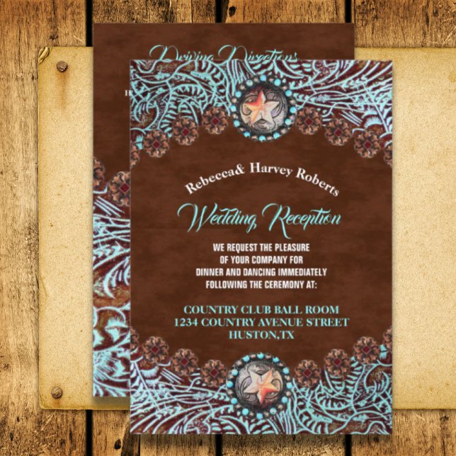western bröllopsmottagning i brun land inbjudningar (turquoise brown country western wedding reception invitation)
