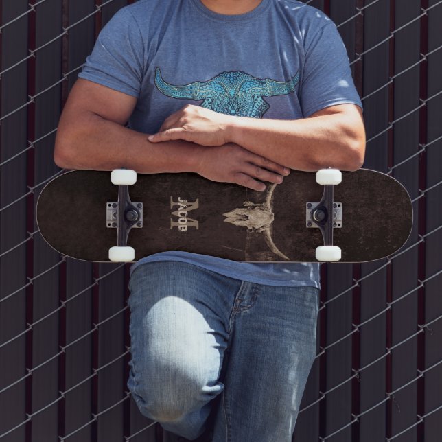 Western Brown Beige Old Rustic Bull Skull Monogram Mini Skateboard Bräda 18,5 Cm (Utomhus 3)