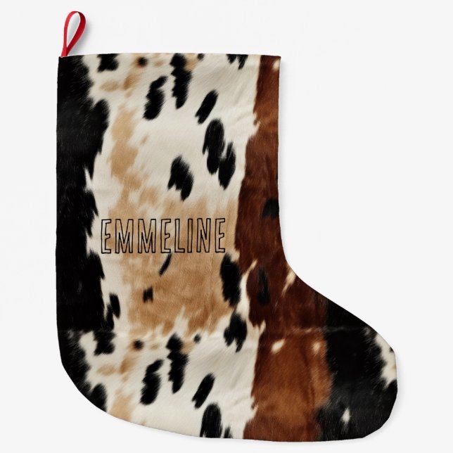 Western bruna Cream Cowhide Animal Namn Stor Julstrumpa (Framsidan)