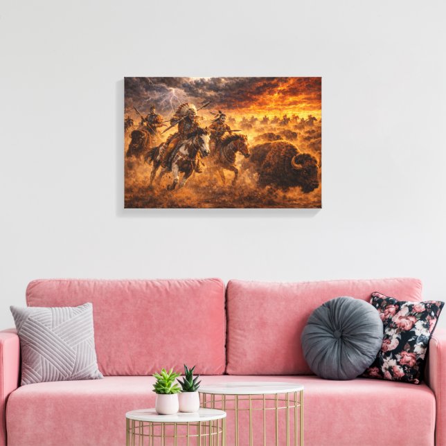 Western Buffalo Hunt Sunset Landscape Canvas (Insitu (Vardagsrum))