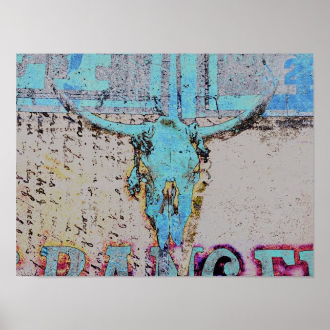 Western Bull Skull Teal Blue Rustic Vintage Poster (Framsidan)