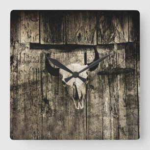 Western Bull Skull Wood Barn Sepia Vintage Rustic Fyrkantig Klocka