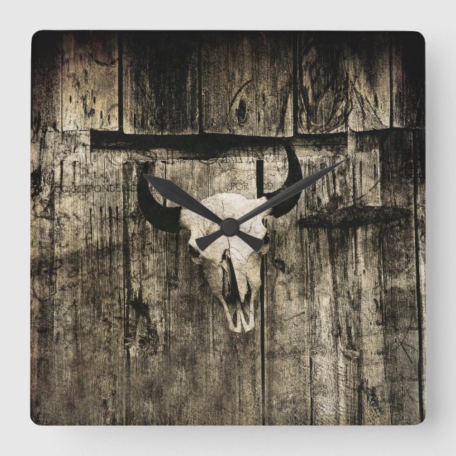 Western Bull Skull Wood Barn Sepia Vintage Rustic Fyrkantig Klocka (Framsida)