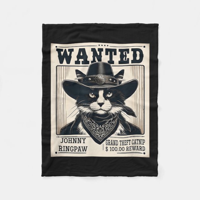 Western Cat Cowboy Mugshot Wanted Fleecefilt (Framsidan)