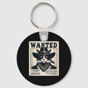 Western Cat Cowboy Mugshot Wanted Nyckelring