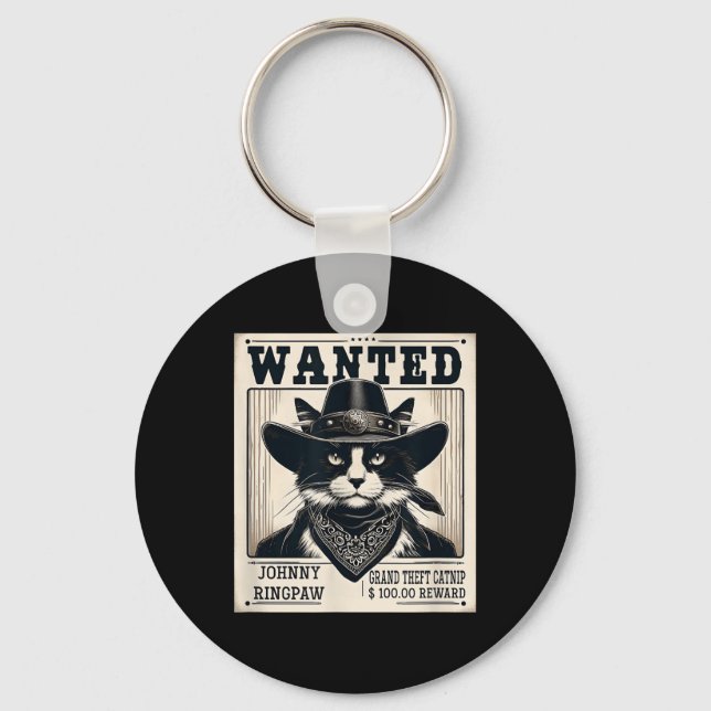 Western Cat Cowboy Mugshot Wanted Nyckelring (Framsida)