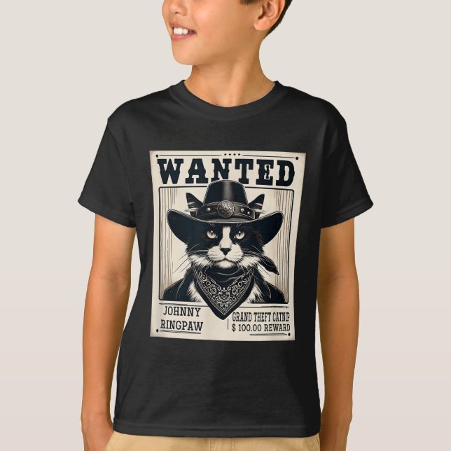 Western Cat Cowboy Mugshot Wanted T Shirt (Framsida)