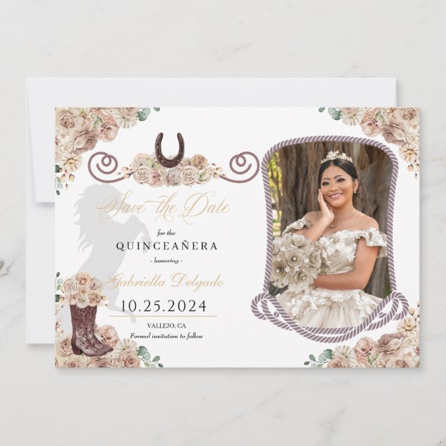 Western Champagne Quinceañera Spara datumfoto Inbjudningar (Framsida)