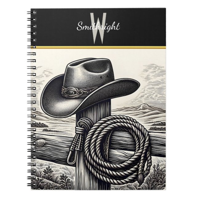 Western charm: Cowboy Hat & Rope Resting på Wood F Anteckningsbok (Framsidan)