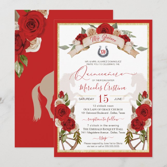 Western charro Apple Red Horses Quinceanera Inbjudningar (Fram/baksida)
