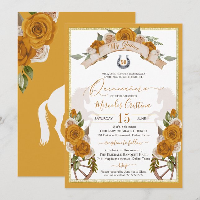 Western Charro Golden Gul ros Quinceanera Inbjudningar (Fram/baksida)