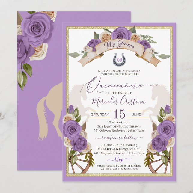 Western Charro Lavender Ro Horses Quinceanera Inbjudningar (Fram/baksida)