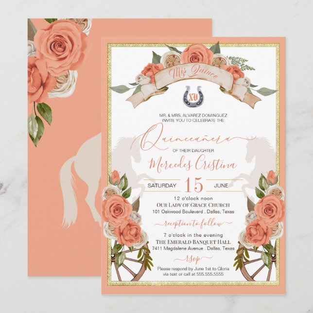 Western Charro Peach Ro Horse Quinceañera Inbjudningar (Fram/baksida)