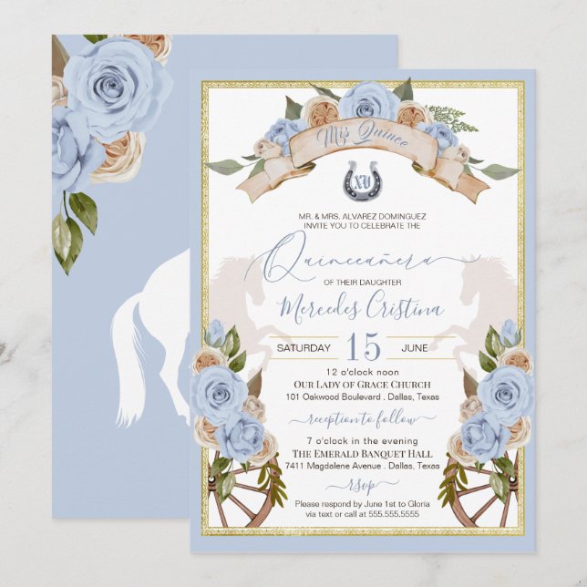 Western charro Powder Light Blue Horse Quinceanera Inbjudningar (Fram/baksida)