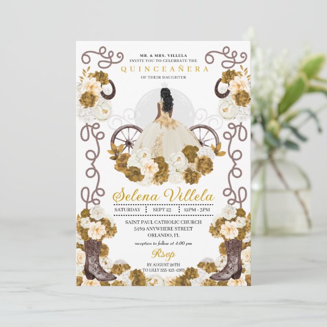 Western Charro Princess Ivory & Guld Quinceañera Inbjudningar (Stående Fram)