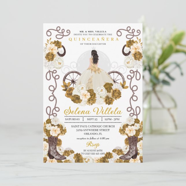 Western Charro Princess Ivory & Guld Quinceañera Inbjudningar (Stående Fram)
