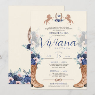 Western Charro Quinceanera, blå Rosa Blommigt Inbjudningar