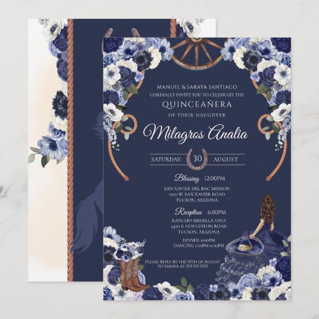 Western charro Quinceanera, blå, rustisk Inbjudningar (Fram/baksida)