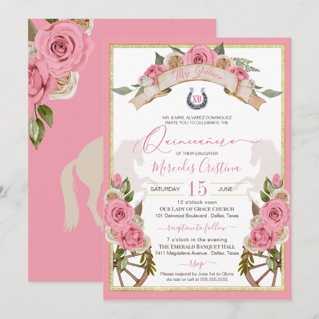 Western Charro  Rosa ros Horse Quinceañera Inbjudningar (Fram/baksida)