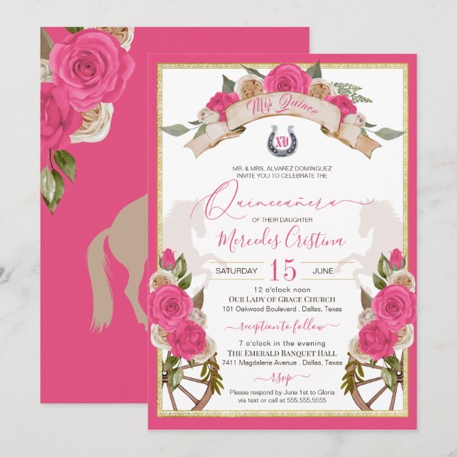 Western Charro Rosa ros Horse Quinceañera Inbjudningar (Fram/baksida)