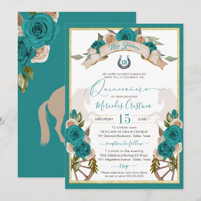 Western Charro Turcos Teal Ro Quinceanera Inbjudningar (Fram/baksida)