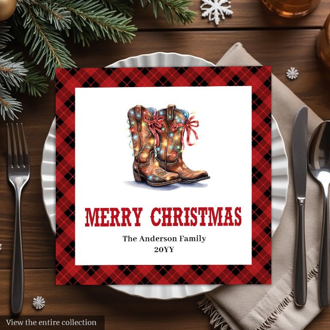 Western Christmas napkins red black buffalo plaid Pappersservett (Western Christmas paper napkins,
Classic red and green tableware,
Editable Printable digital downloa)