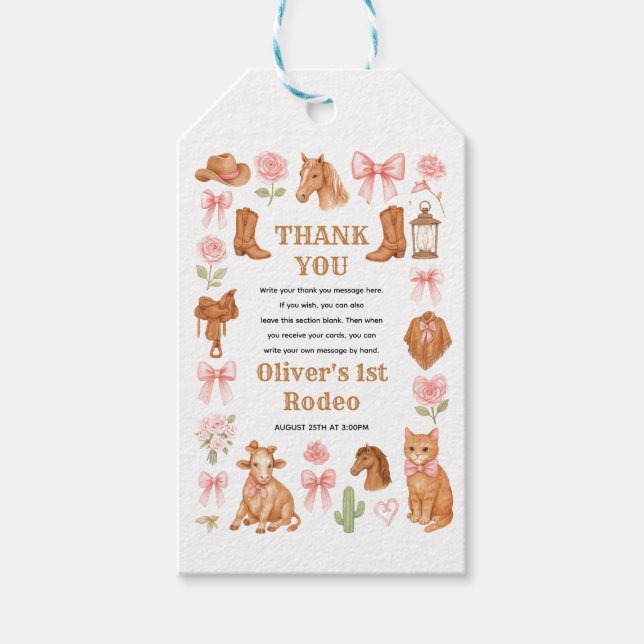 Western Coquette Cowgirl 1st Birthday Cute Pink Presentetikett (Framsidan)