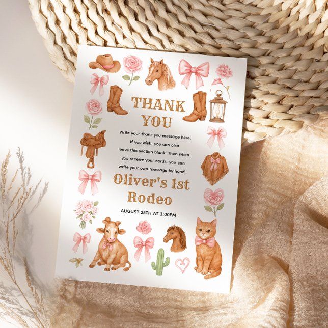 Western Coquette Cowgirl 1st Birthday Cute Pink Tack Kort (Western Coquette Cowgirl 1st Birthday Cute Pink Thank You Card)