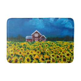 western country red barn summer sunflower field badrumsmatta