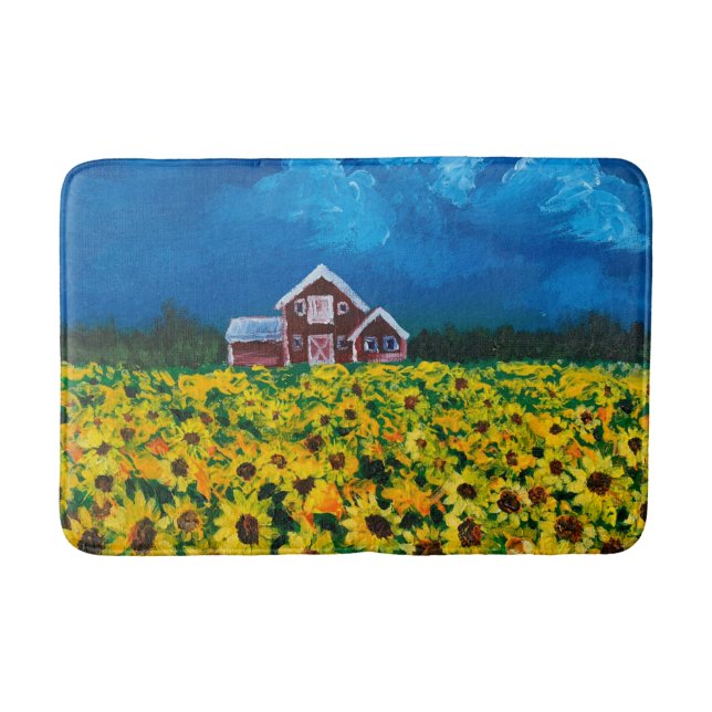 western country red barn summer sunflower field badrumsmatta (Framsidan)