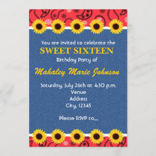 Western Country Solros Denim Bandana Party Inbjudningar