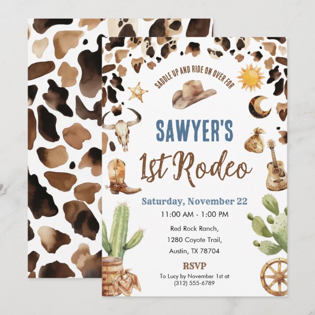Western Cowboy “1st Rodeo” Birthday Invitation Inbjudningar (Fram/baksida)