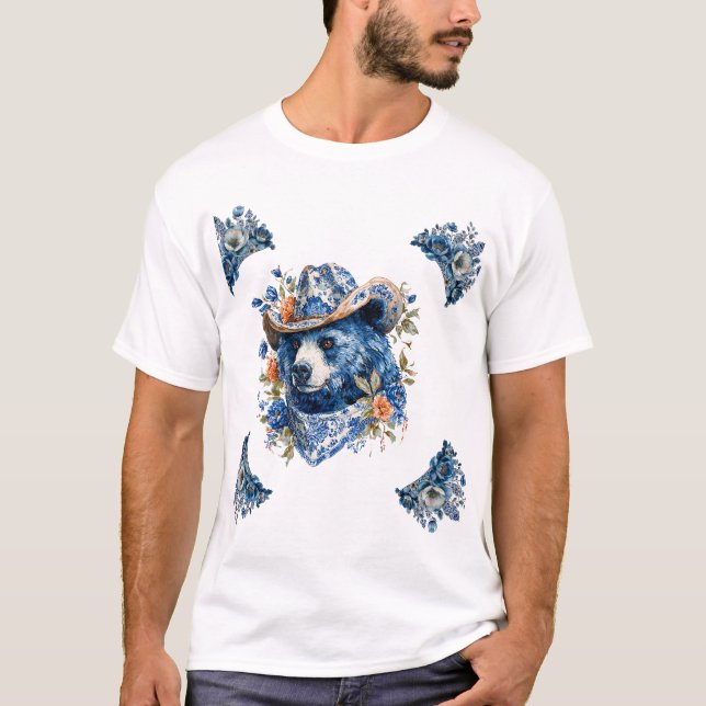 Western Cowboy Bear - Blue Bear with Floral Bandan T Shirt (Framsida)