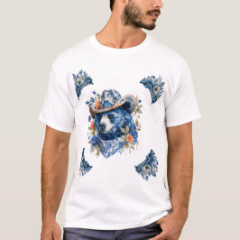 Western Cowboy Björn - Blå Björn med Blommig Banda T Shirt