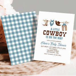 Western Cowboy Blå Rutig Baby Shower Inbjudan