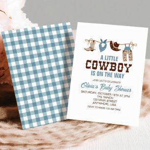 Western Cowboy Blå Rutig Baby Shower Inbjudan
