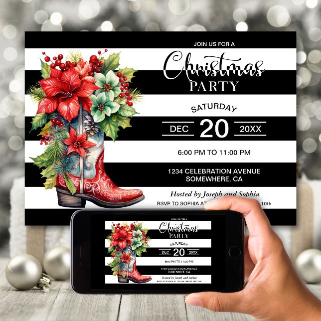 Western Cowboy Boot Black Stripe jul Party Inbjudningar (Skapare uppladdad)