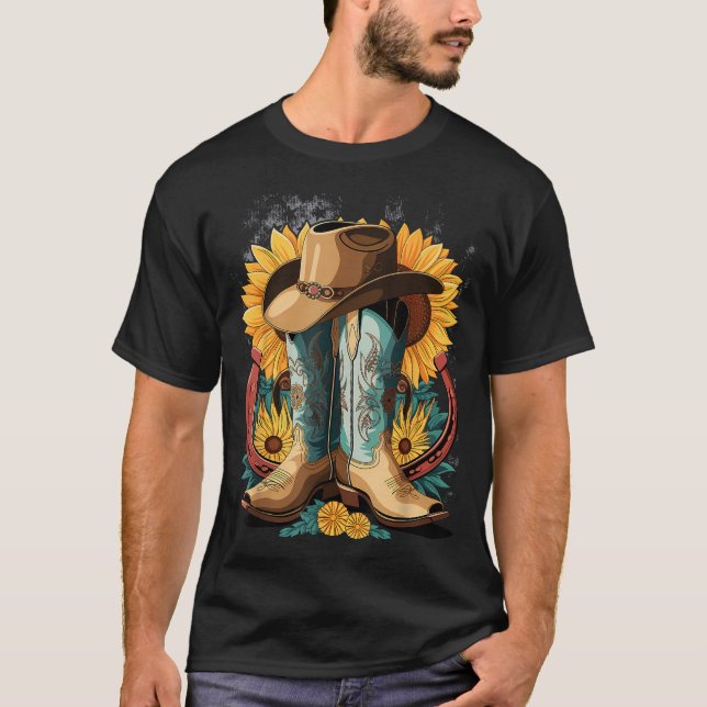 Western Cowboy Boot Horseshoe Solrosrope T Shirt (Framsida)