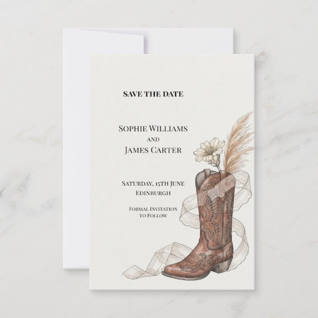 Western Cowboy Boot Pampas Bröllop Save the Date Spara Datumet (Framsida)